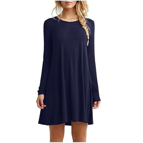 Women's Casual Mini Dress Long Sleeve Round Neck Loose Fit Ruffle Solid Comfortable Stylish Flowy Elegant Everyday Wear Womens Casual Trendy Midi Dresses