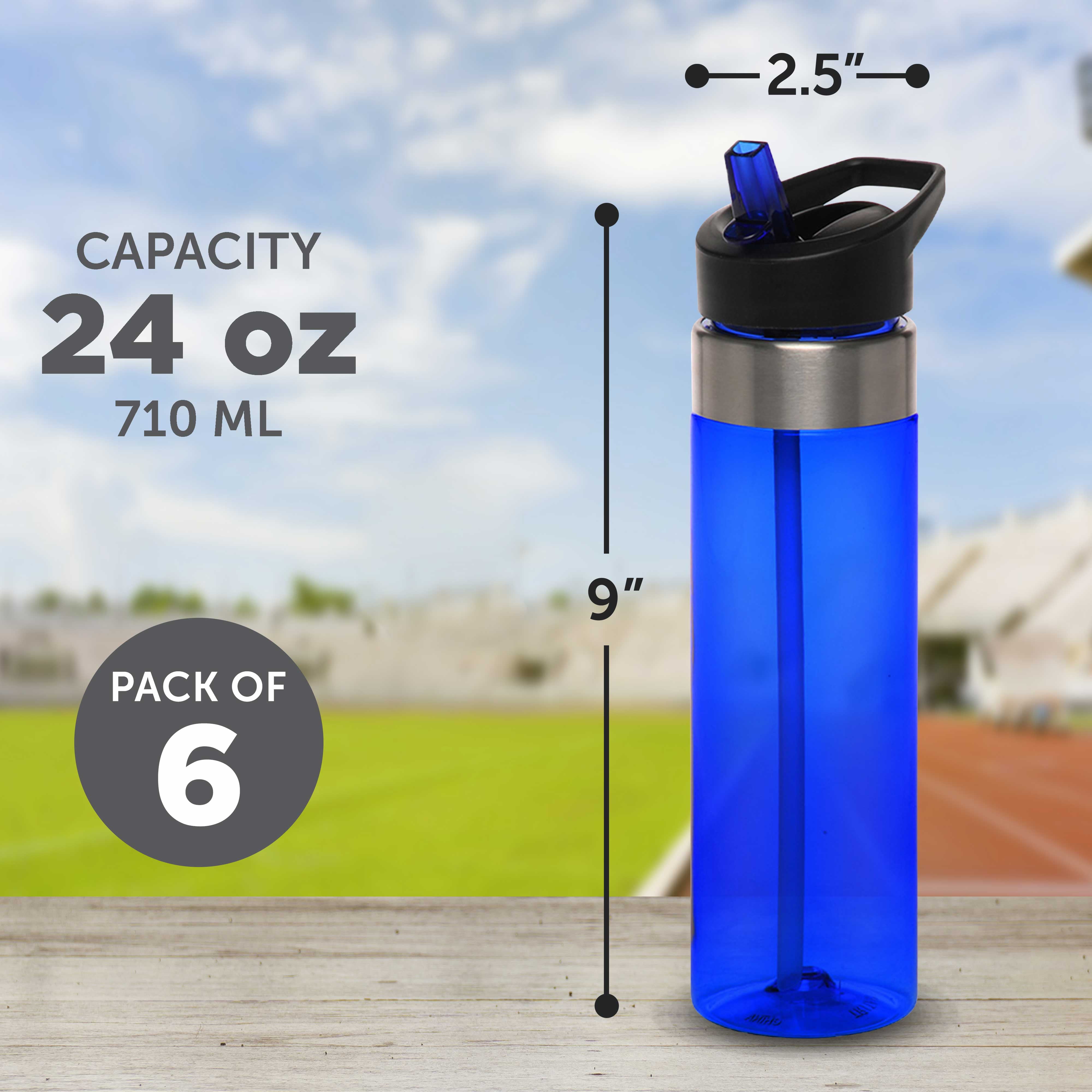 Plastic Water Bottle 24 oz with Inside Straw - BPA Free, Screw-On Cap, Flip Top Nozzle Mechanism - Slim Translucent Body - Eastman Tritan Copolyester - Blue - 10 Pack