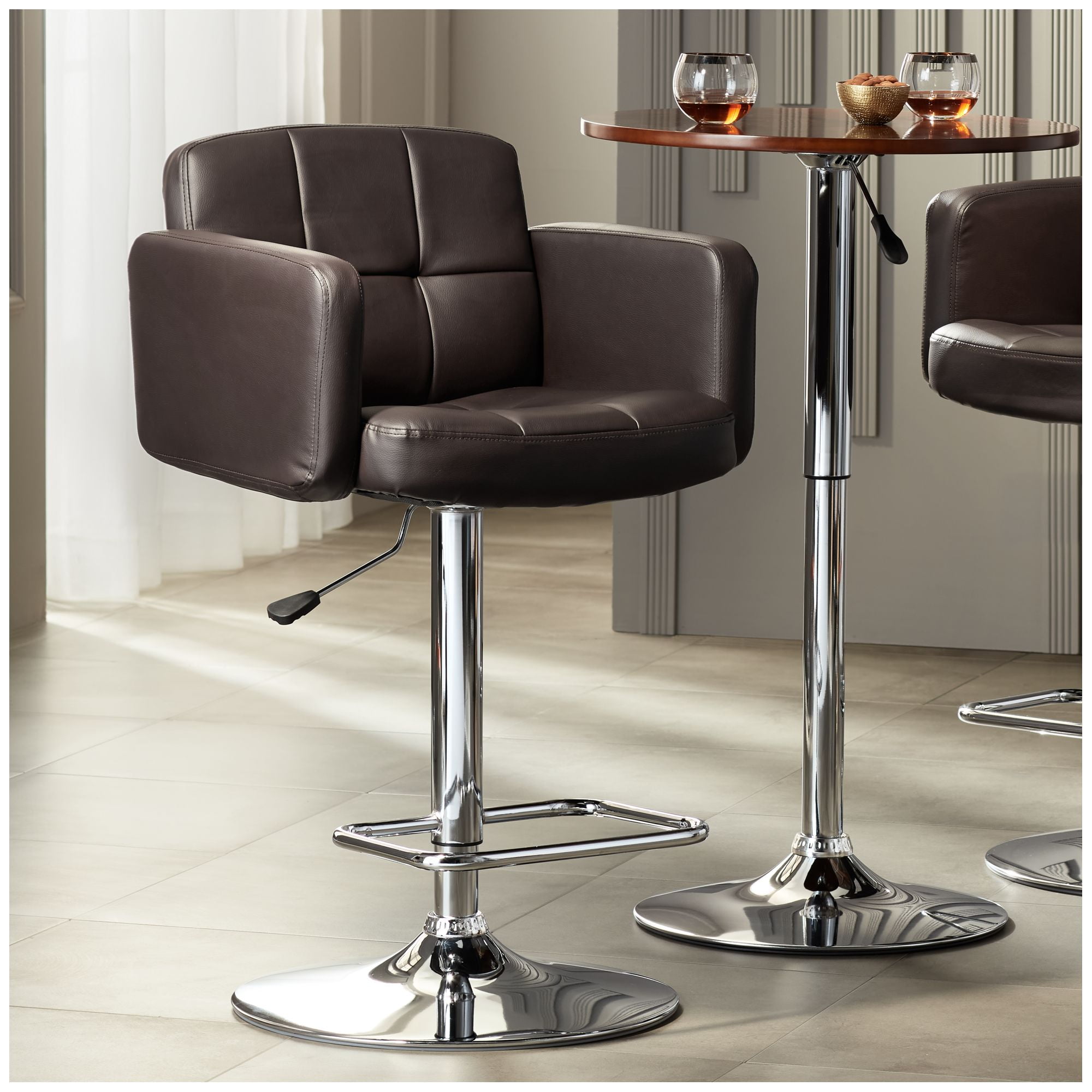 Studio 55D Chrome Swivel Bar Stool 32 3/4" High Modern Espresso Faux Leather Cushion Adjustable