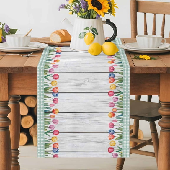 Kitchen Table Runner 36 Inches Long, Spring Summer Colorful Tulips Leaves Cotton Linen Table Runners for Dining Tables Home Holiday Party Wedding, Wood Grain Green Plaid Tabletop Scarf