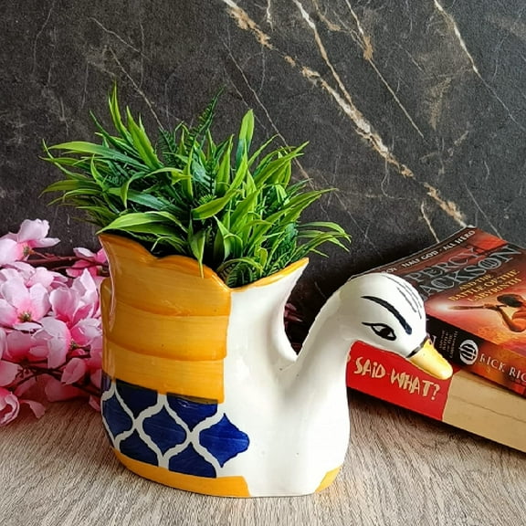 India Meets India Ceramic Planter [Blue & Yellow], Decorative Duck Ceramic Planter Modern Home Décor Flower Vase for Shelf Home Décor, Living Room, Duck Planter/Vase - 8.5 x 6 INCHES