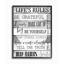 Stupell Industries Life's Rules Phrases on Wood Grain Black White Word Design Framed Wall Art Design by Kim Allen, 16" x 20", Black Framed