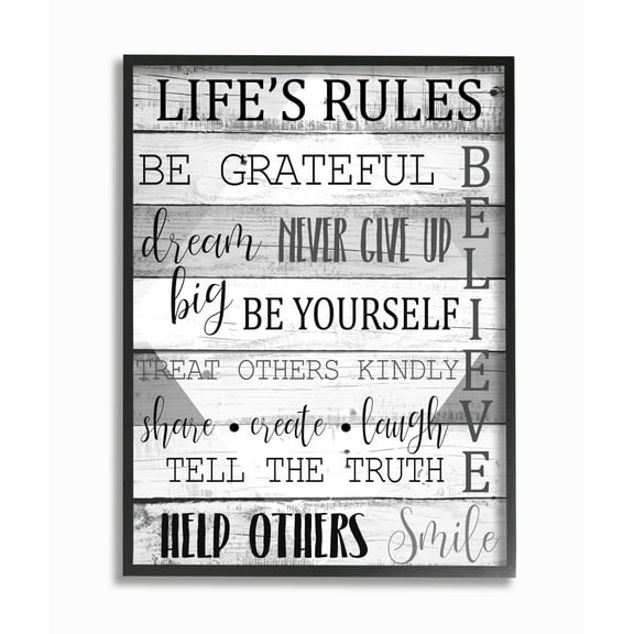 Stupell Industries Life's Rules Phrases on Wood Grain Black White Word Design Framed Wall Art Design by Kim Allen, 16" x 20", Black Framed