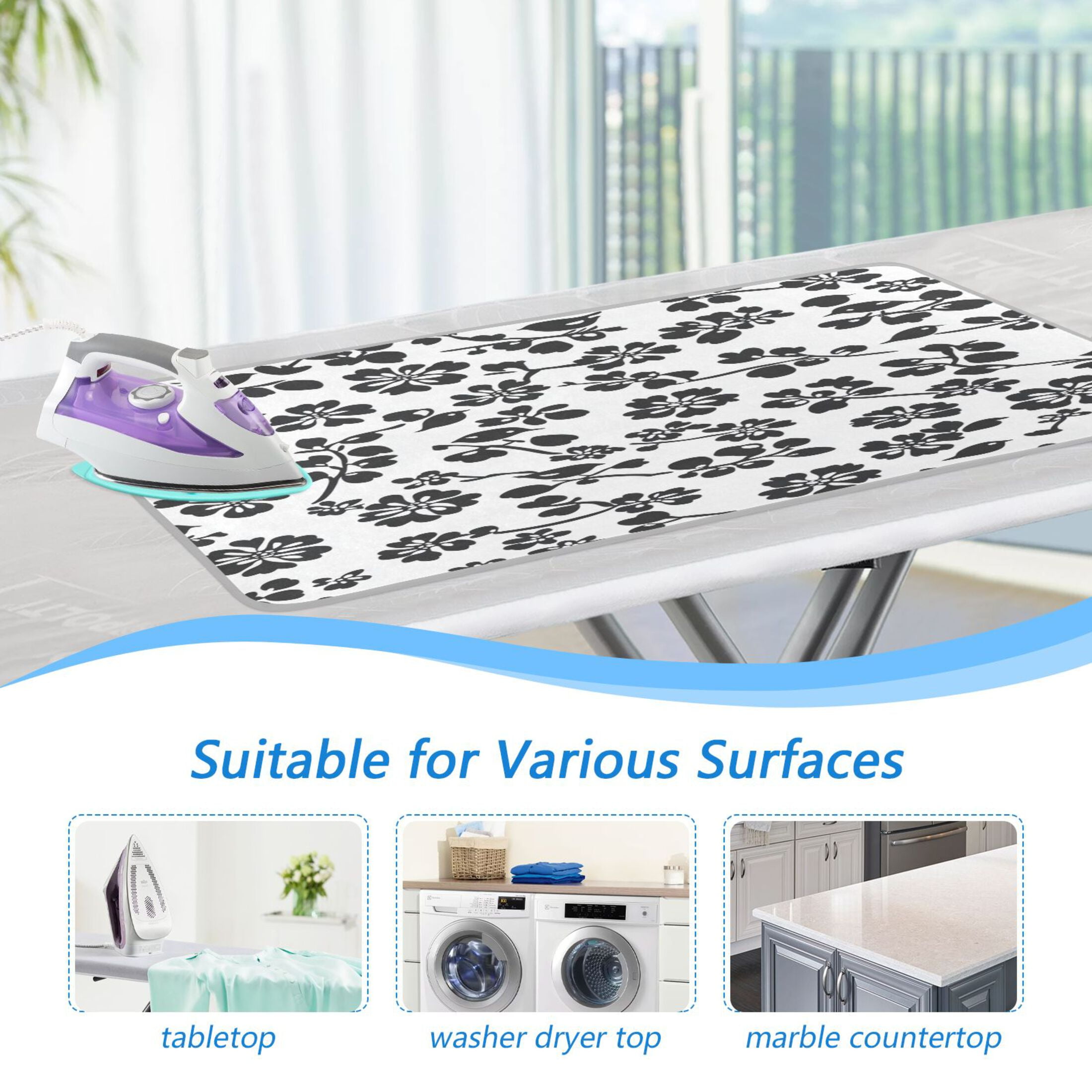 Black Flowers Portable Ironing Mat, Heat-Resistant, Dual-Sided, Foldable for Easy Storage