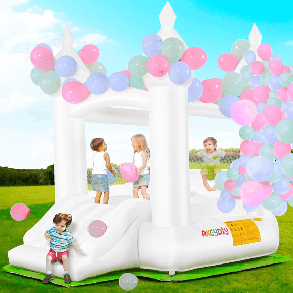 Adnoom Inflatable Bounce House for Kids 3~10, Bounce House with Slide, White Jumping Castle with 210D Ground Cloth, Bouncy House for Wedding, Party, Gift Decoration, Indoor & Outdoor, without Blower