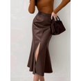 thumbnail image 4 of Women High Waist Front Center Slit Hem Faux PU Leather Fitted Mermaid Midi Skirt Brown M, 4 of 10