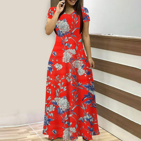 LOVZFMLL Ladies Fashion Women Short Sleeve Round-Neck Dress Printed Long Dresses Pocket Red L