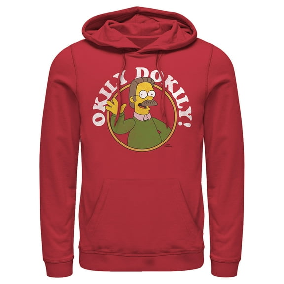 Men's The Simpsons Ned Flanders Okily Dokily  Pull Over Hoodie Red X Large
