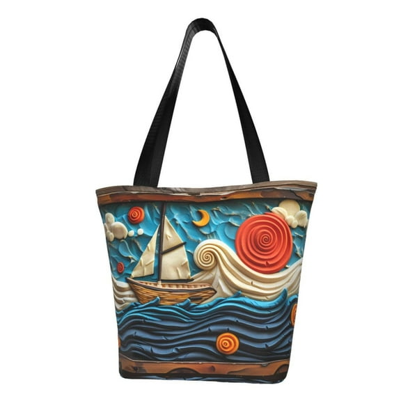 Fotbe Whimsical Sailboat Ocean Art Pattern Beach Tote,Shoulder Handbag,Spacious Tote Bag,Lightweight Travel Bag,Versatile Shopping Bag