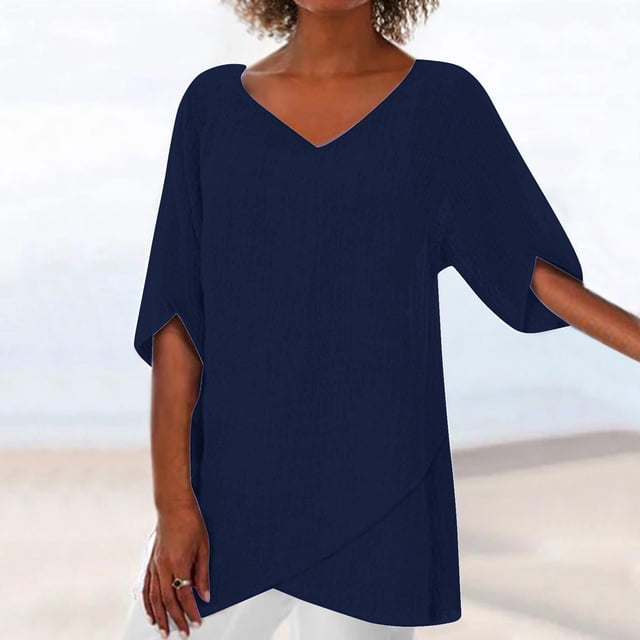 ICHUANYI Clearance Fashion Women Casual Short Sleeve V-Neck Cotton Irregular Tops Blouse(Navy, M) ICHUANYI WER2023081403710