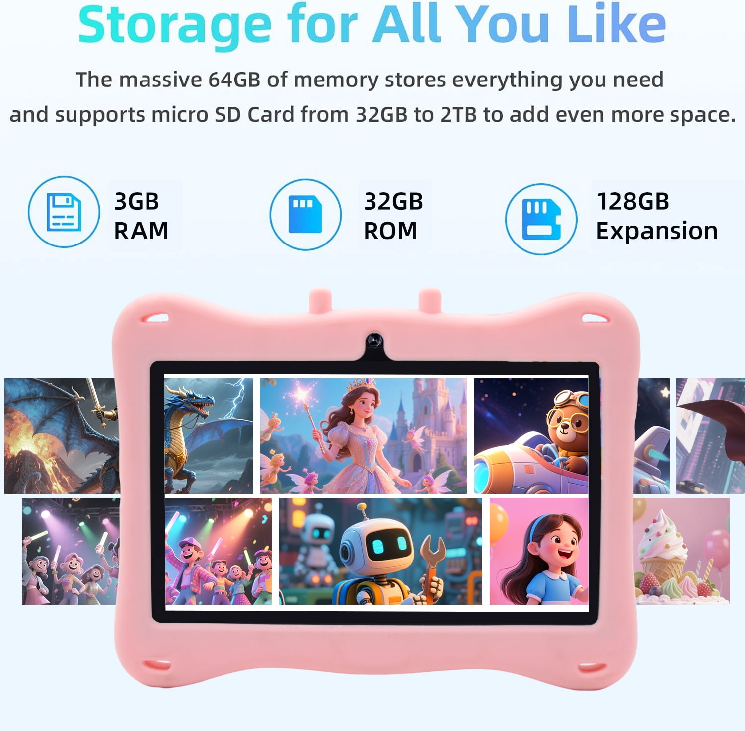 7 Inch Android 15 with Parental Control, 3+32GB Storage Learning Tablet for Toddlers and Kids, IPS HD Touch Screen, WiFi Bluetooth, Educational Children Tablet with Silicone Case (pink)