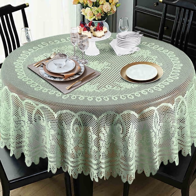 Lace Round Tablecloth 70 Inch Floral Elegant Dining Table Cover, Vintage Decorative Table Cover for Weddings Parties and Home Use, Easy-Clean Light Green Tablecloth for Indoor Outdoor Dining Use