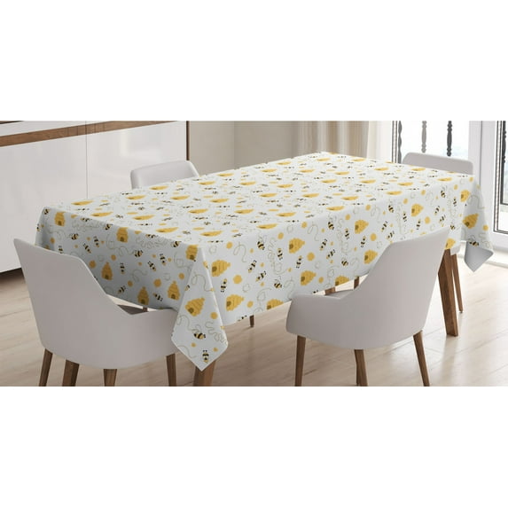 Bee Tablecloth, Pattern of Flying Bugs Forming Heart Shapes with Beehives Mother Nature Creatures, Rectangle Satin Table Cover for Dining Room and Kitchen, 52" X 70", Mustard White, by Ambesonne