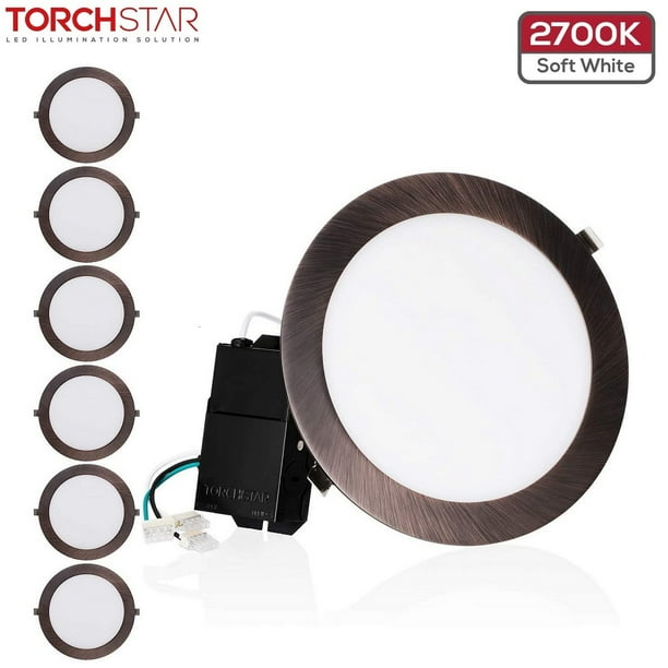 TORCHSTAR 8 Inch Ultra-Thin Dimmable LED Recessed Light with J-Box for Apartment, Kitchen, 18W(Eqv.), Oil Rubbed Bronze, 2700K Soft White, Pack of 6