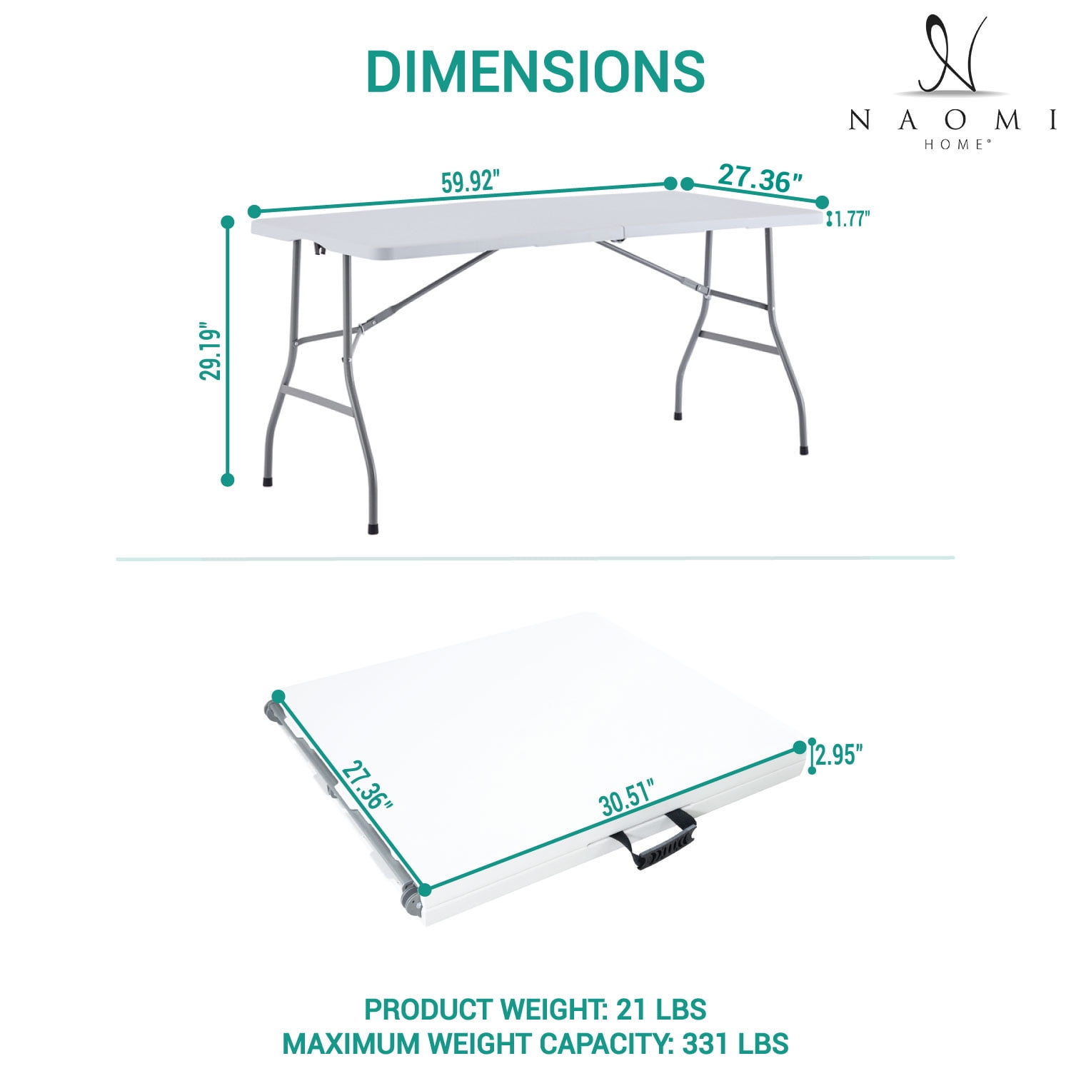 Furnibear 5ft Folding Table Portable Plastic Foldable Table Heavy Duty Rectangular 5 Foot Folding Table for Indoor Outdoor Events White