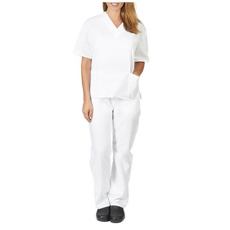 

White Men & Women Short Sleeve V-neck Tops+Pants Nursing Working Uniform Set Suit