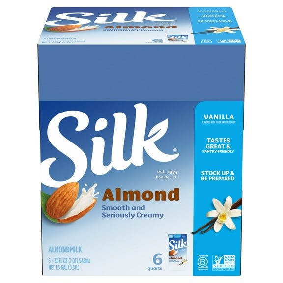 Silk Shelf Stable, Dairy Free, Lactose Free, Gluten Free, Vanilla Almond Milk, 32 fl oz Quart, Pack of 6