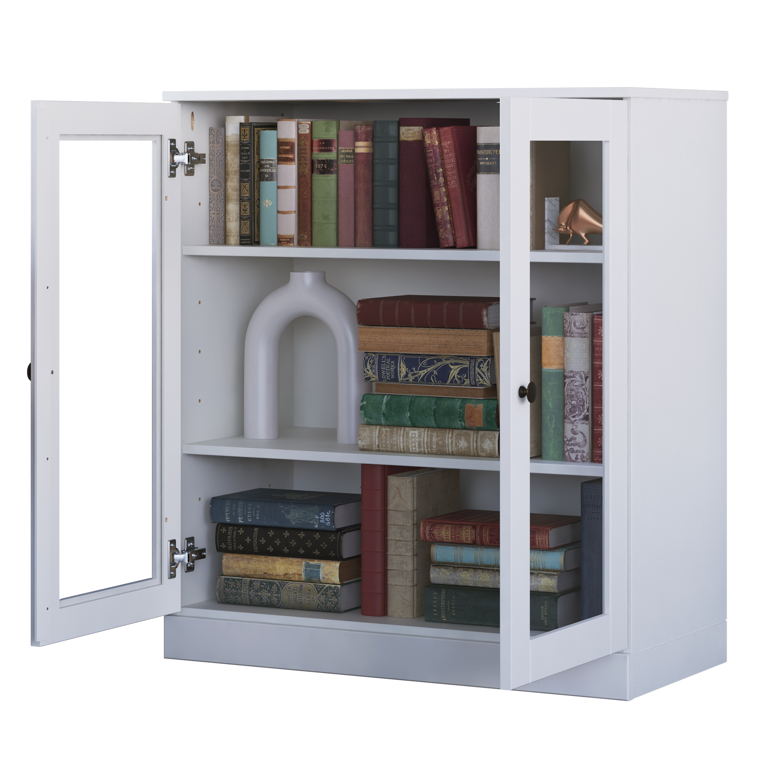 Palace Imports 100% Solid Wood 3-shelf Bookcase with Adjustable Shelves and Glass Doors, White