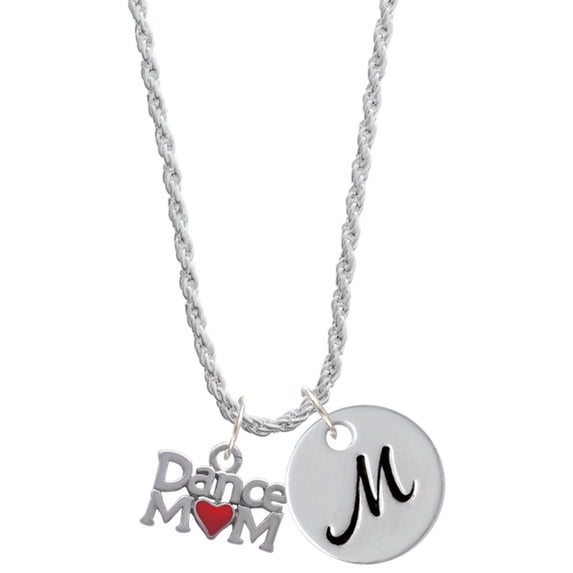Delight Jewelry Silvertone Dance Mom with Red Heart Silvertone Script Initial Disc - M - Charm Necklace, 20"+3"
