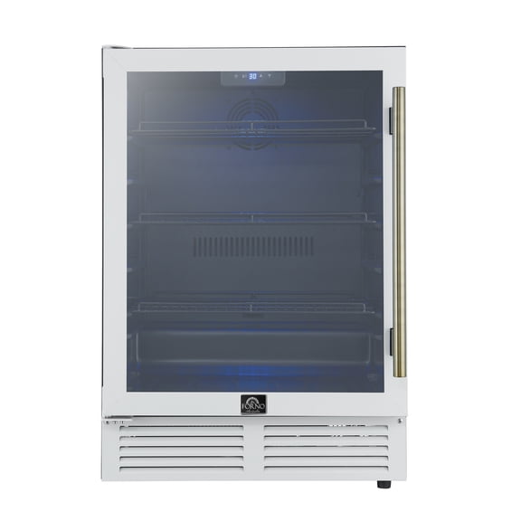 Forno Frescolino 24 Inch Beverage Cooler, White with Antique Brass Handles, with LED Lighting, Triple Glass Door, 188 Can Capacity, Built-In or Freestanding