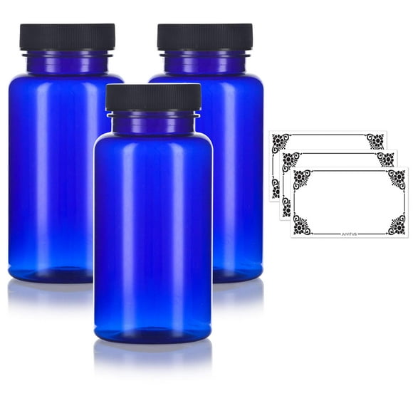 JUVITUS 5 oz Cobalt Blue Plastic PET Packer Bottles with Black Ribbed Lid (3 pack) + Labels
