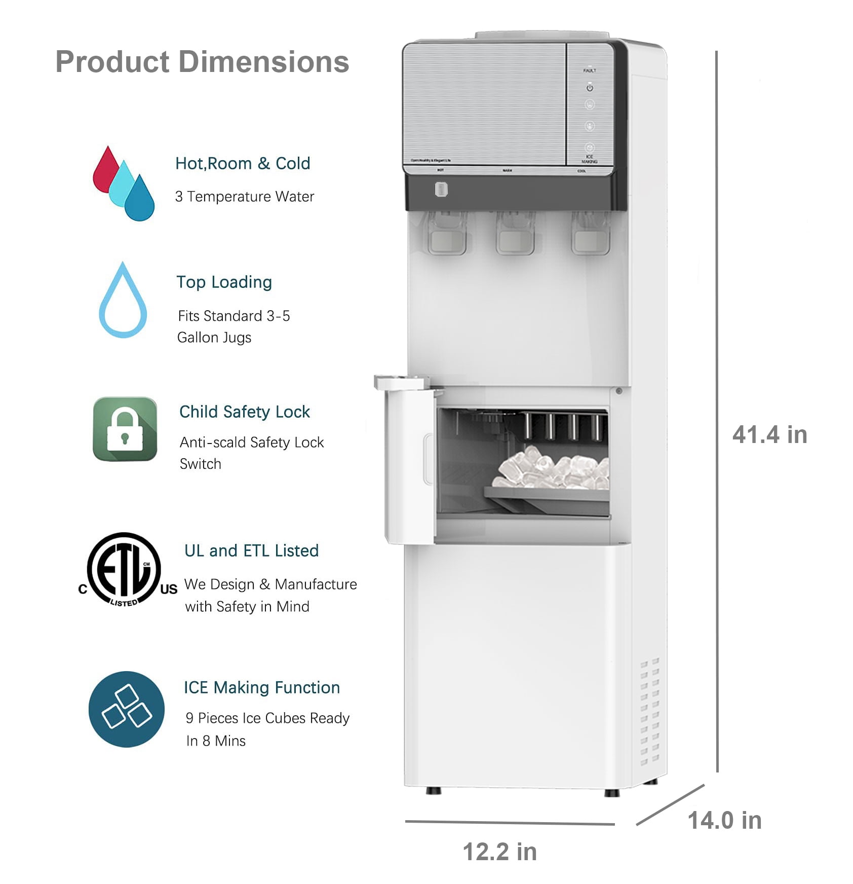 IKT 3 in 1 Water Cooler Dispenser with Ice Maker for 5 Gallon Bottle 27 lbs in 24 hrs 3 Temperature Night Light Perfect for Home Office White