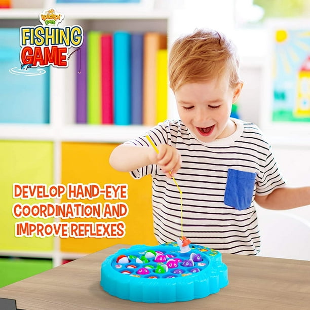 Fishing Game Play Set - 21 Fish, 4 Poles, & Rotating Board w/ On-Off Music - Family Children Backyard Colorful Toy Games for Kids and Toddlers Age