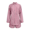 thumbnail image 6 of LYXSSBYX 2 Piece Sets for Women Summer Women Summer Striped Fashion Cardigan Long Sleeved Top+shorts Long Sleeved Round Neck Top/shirt Set, 6 of 7