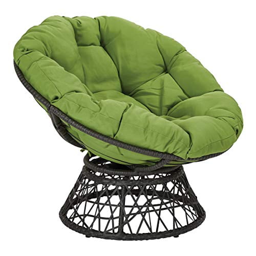 OSP Home Furnishings Wicker Papasan Chair with 360-Degree Swivel, Grey Frame with Green Cushion