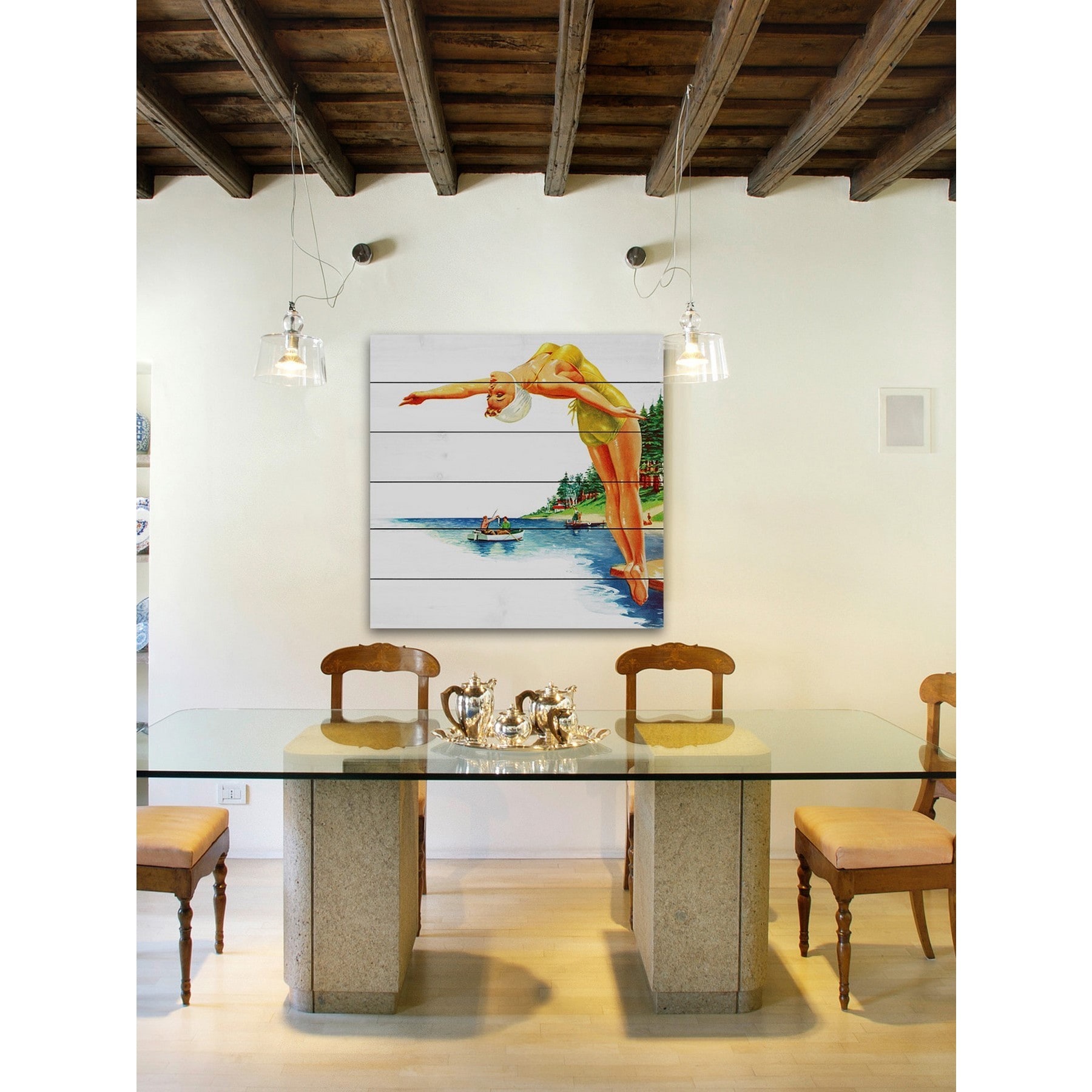 "Backwards Dive" Painting Print on White Wood