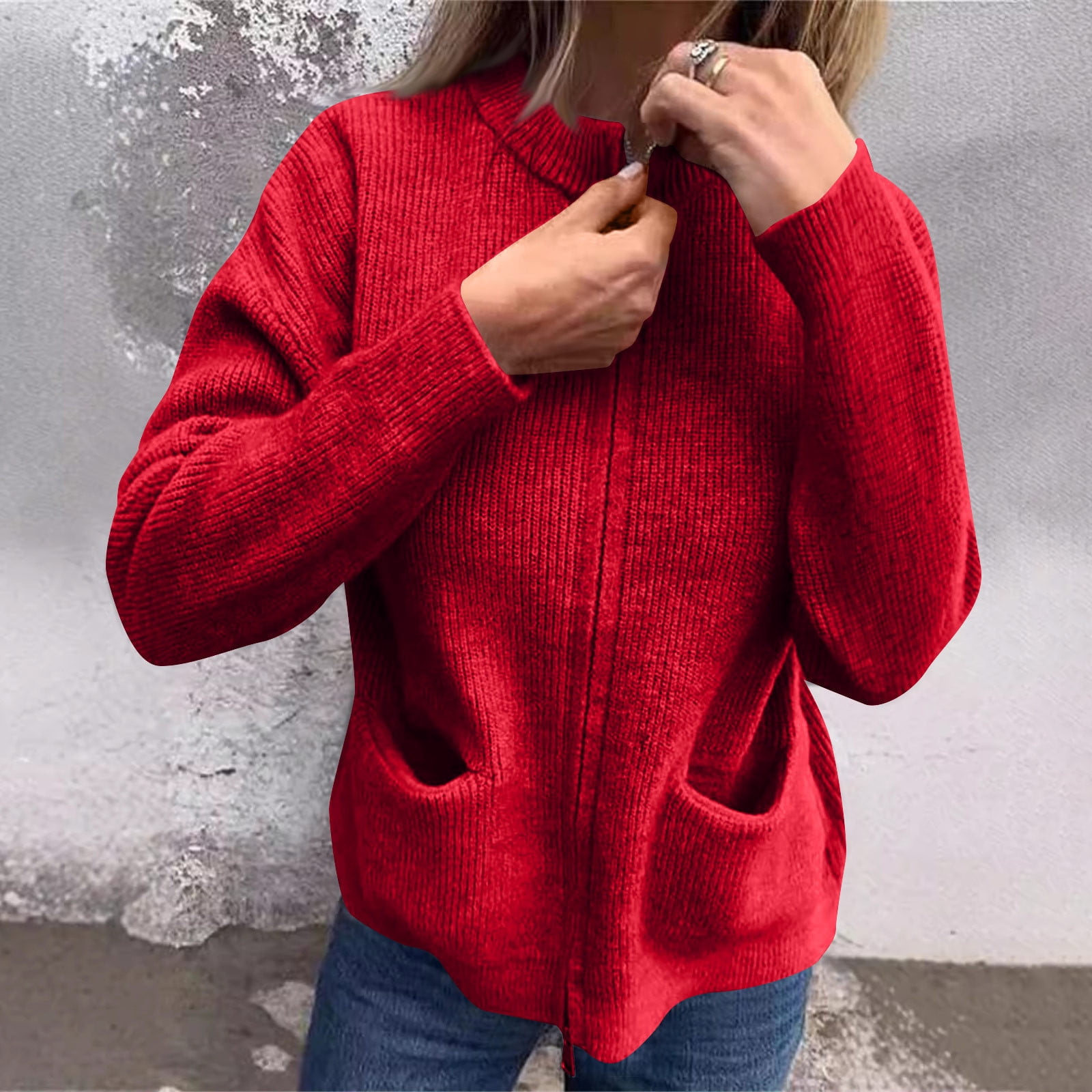 Women's Knitted Jacket Casual Comfy Stand Collar Sweater Solid Zip Up Jacket Coat Lightweight Fall Winter Ribbed Knit Sweater Red S - image 4