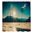 thumbnail image 3 of Sunburst Shower Curtain, Alaskan Winter Landscape with a Hot Air Balloon and Rising Sun, Fabric Bathroom Set with Hooks, 69W X 70L Inches, Dark Teal and Pastel Brown, by Ambesonne, 3 of 3