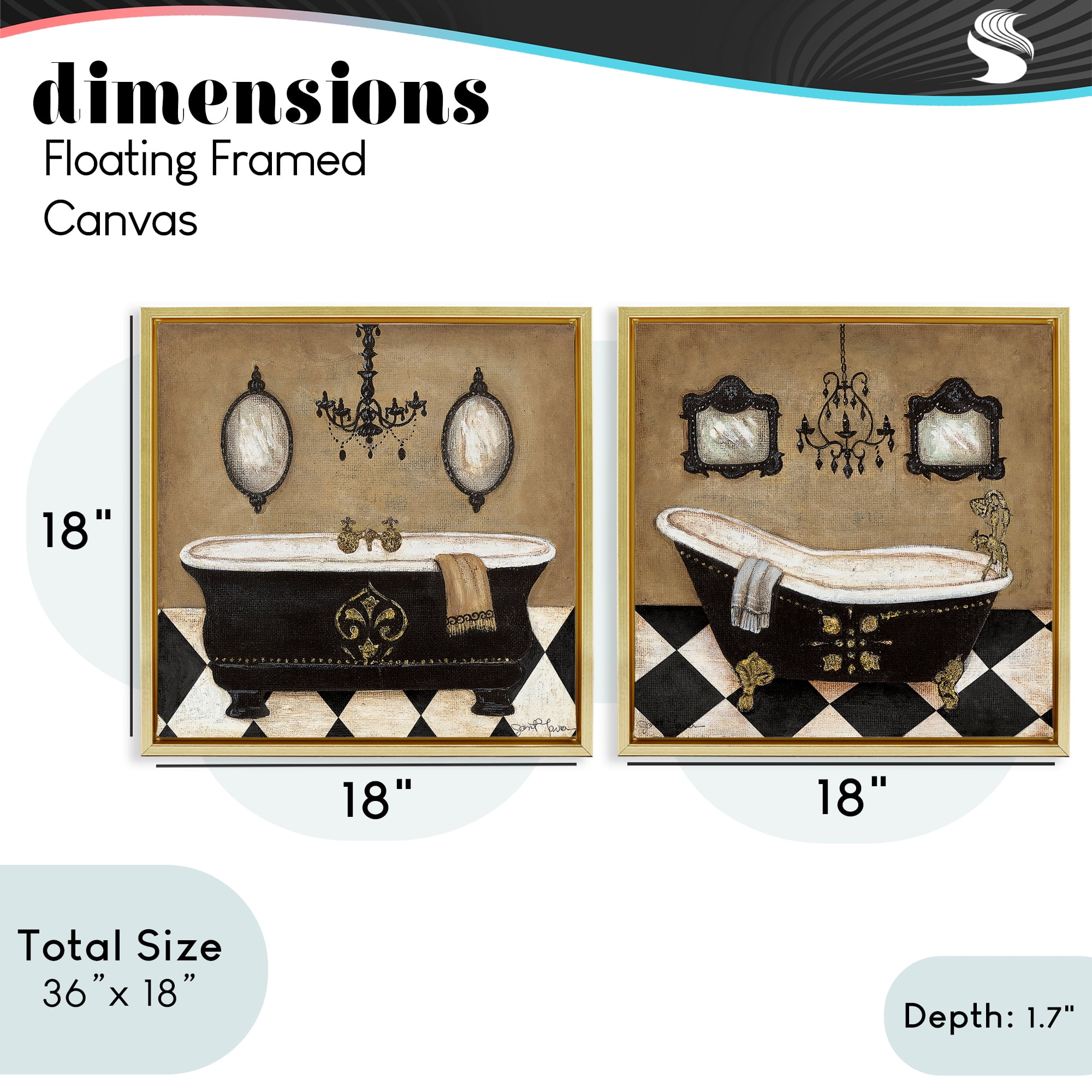 Stupell Industries Elegant Bathroom with Chandeliers 2 Piece Gold Framed Floater Canvas Set, design by Janet Tava