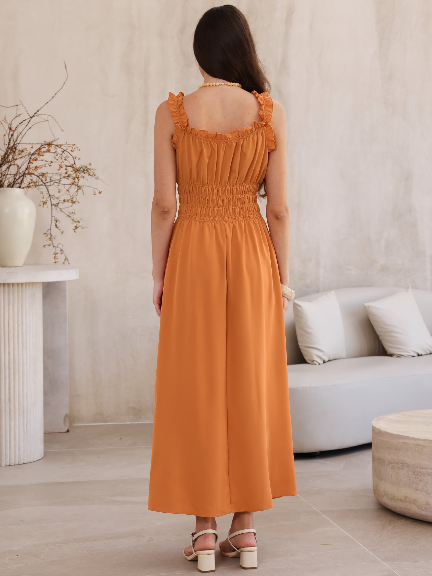 DARING DIVA Women's Spaghetti Strap Square Neck A Line Flowy Dress L Orange