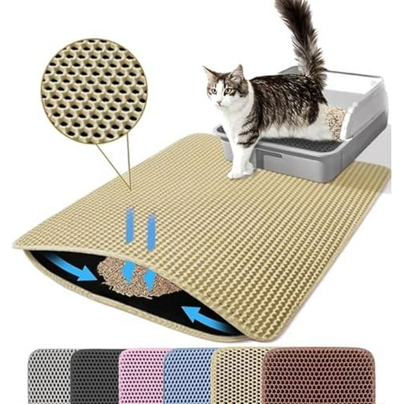 Small Cat Litter Mat, 20x14’’ Double Layer Honeycomb Cat Litter Box Mat, Non Slip Waterproof Urine Proof Litter Trapping Mat for Floor, Kitty Litter Pad, Indoor Pet Supplies, Beige