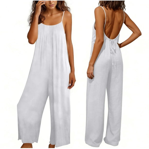 TaTaai Women Fashion Solid Color Backless Cami Jumpsuit Long Cotton Linen Casual Wear Ladies Fitness Daily Lounge Wear Breathable No Fading Versatile Outfit Gift