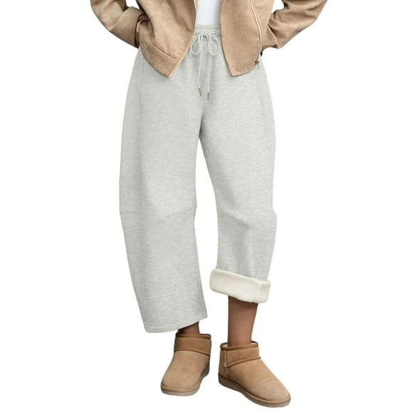PUWEI Women's Fleece Lined Barrel Leg Pants High Waist Wide Leg Joggers Soft Lounge Pants with Pockets