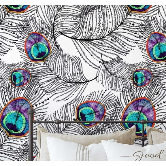S4sassy Self-Stick Decorative Boho Wallpaper, Peacock Feather Wall Paper, Vinyl Waterproof Contact Paper, Blue, 25"x120" Removable Renter Friendly Wall Covering For Bedroom, Dining room