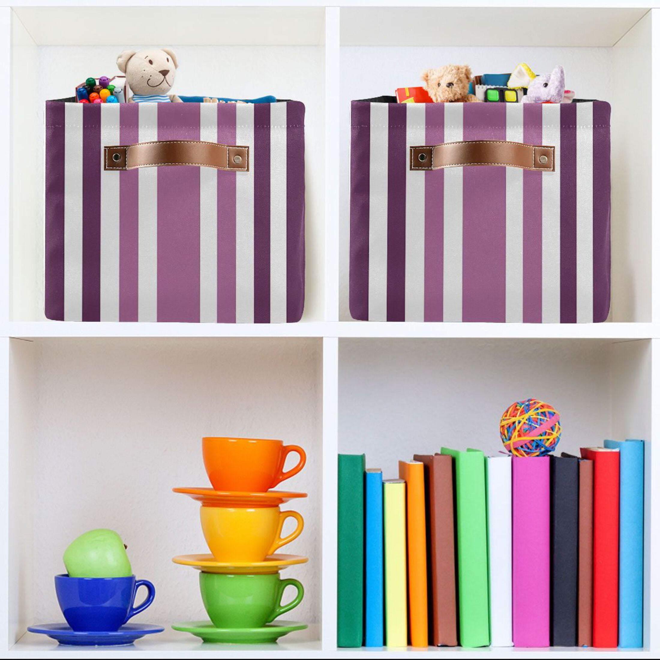 Storage Bins with Handle Fabric Organizer Basket Foldable Box 1 Pack Aubergine and White Stripes 14.2x10.2x8.3