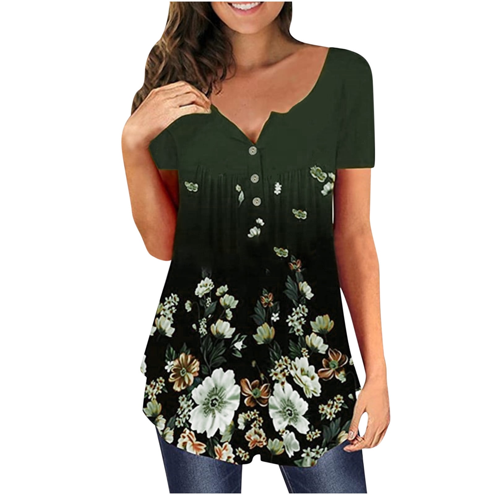 JGGSPWM Women Floral Blouse Casual Comfy Tops Fashion Summer Tshirts Short  Sleeve Shirts Crew Neck Tees Button Up Tunic Army Green M