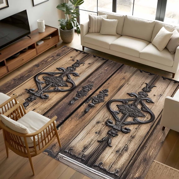 8x10 Area Rugs Wooden Plank Non-Skid Rubber Backing Large Rectangle Rugs - Living Room Bedroom Home Office, Rustic Farmhouse Brown Black Barn Door Indoor Floor Mat Carpets Washable Rug