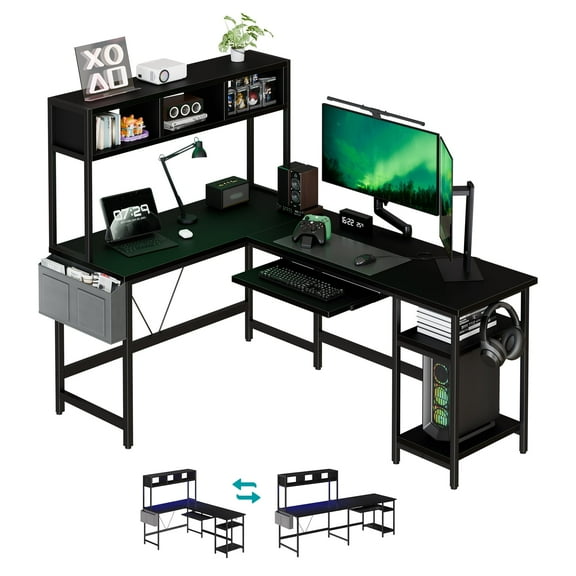 CONCETTA 67" Modern L-Shaped Gaming Desk with LED Lights and Power Outlets, Computer Desk with Drawer, Keyboard Tray for Monitors, Black