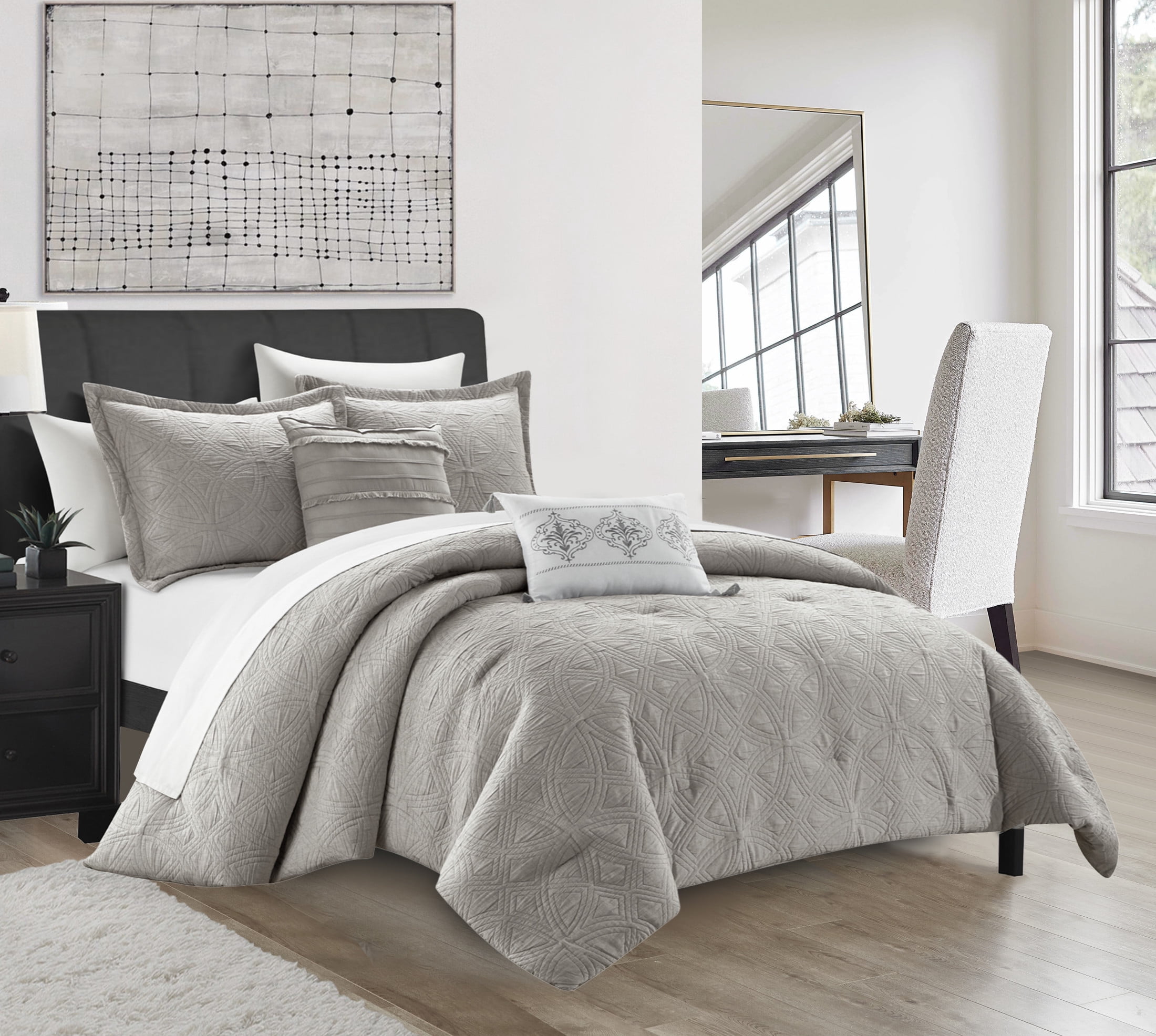Chic Home Orson 9-Piece Geometric Cotton Comforter Set, King, Grey