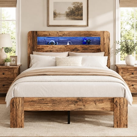 SESSLIFE Twin Bed Frame with LED Headboard Modern Wood Bed Frame with Charging Station Platform Bed with Under Bed Storage for Bedroom Easy Assembly Brown