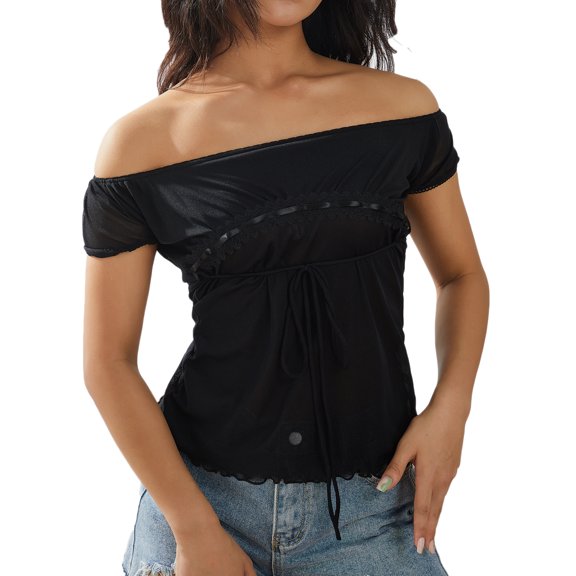 Fairy Lace Grunge Aesthetic Short Shirts for Women Square Neck Short Sleeve Vintage Graphic Print Lace Summer Tee