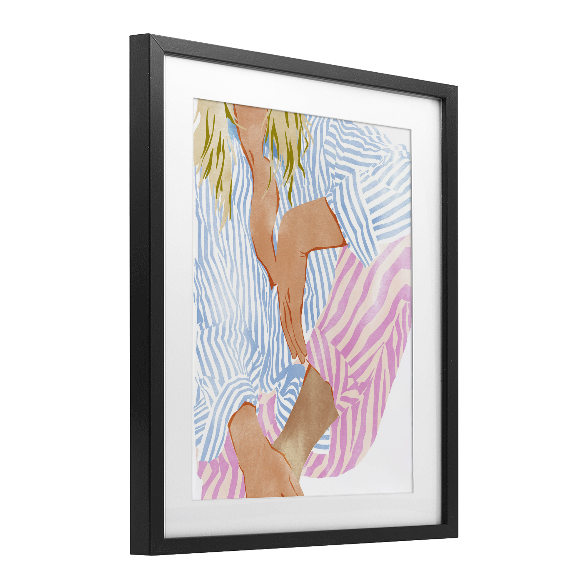 Woman in Pastel Stripes Black Framed Print Under Glass, design by Ziwei Li