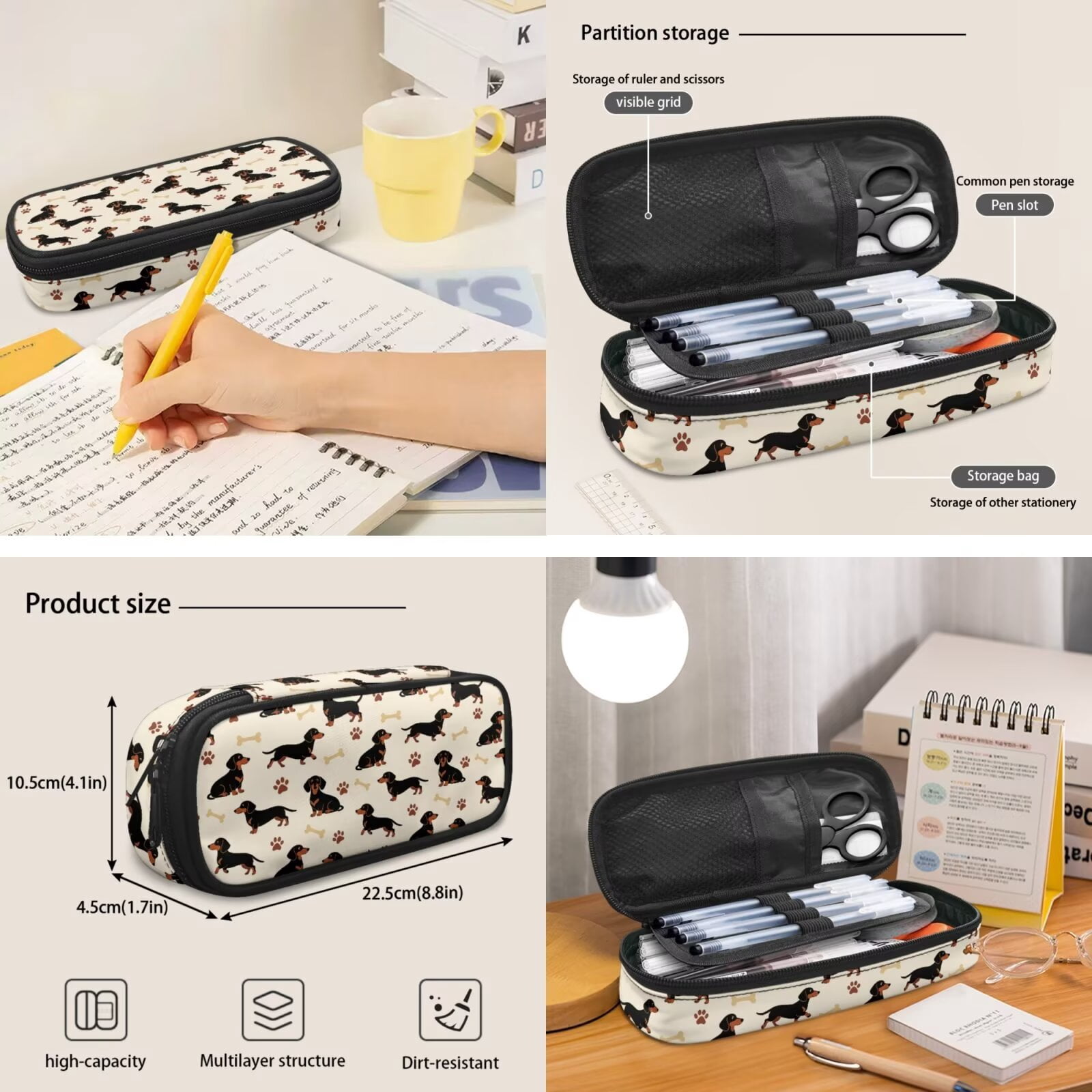 Pzuqiu Cute Dachshund 4 Piece School Backpack Set with Lunch Box Pencil Case Kawaii Backpacks for School Girls with Adjustable Shoulder Strap Large Capacity Student Bag for Teens