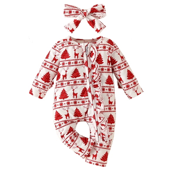 ENFLASH Newborn Girls Christmas Romper Baby Girl Outfits Infant Fall Winter Clothes Cute Zip Up Jumnpsuit Long Sleeve Ruffles Outfits