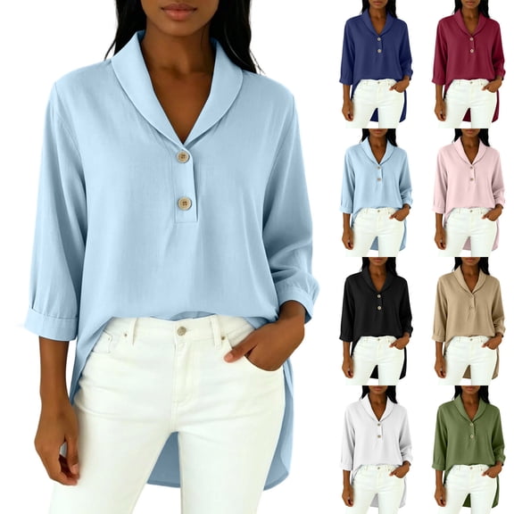 Hfnxid Fall Tops for Women Dressy Loose Fit 3/4 Length Sleeve Shirts Casual Button V Neck Blouses Fashion High Low Hem Tshirts Army Green XXL