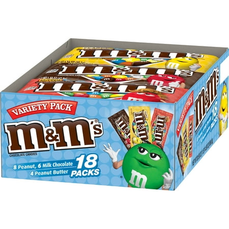 M&M’S Variety Pack Milk Chocolate Candy | Contains 18 Single Size Packs, 30.58 Oz. | Peanut, Peanut Butter, Milk
